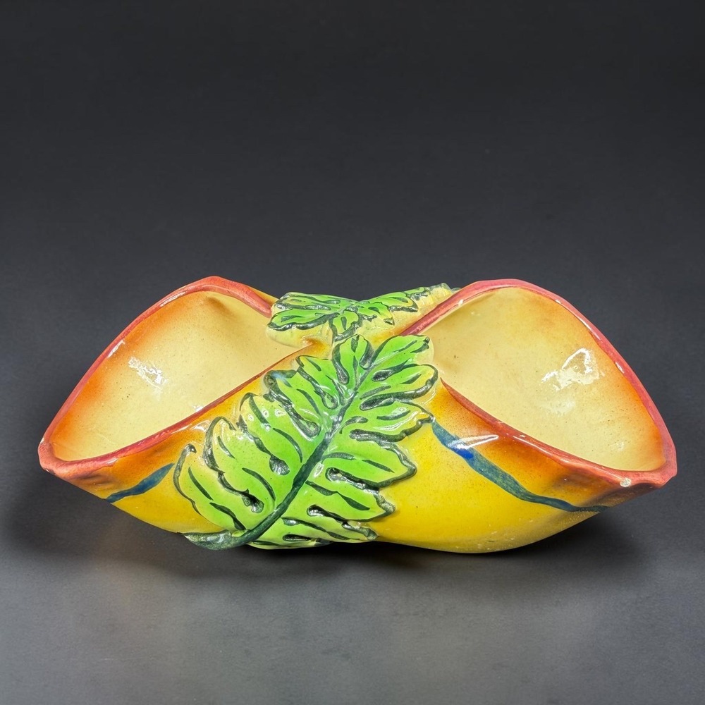 Vintage Portugal Pottery Double Fern Leaf Planter Vase Yellow Orange 4/101